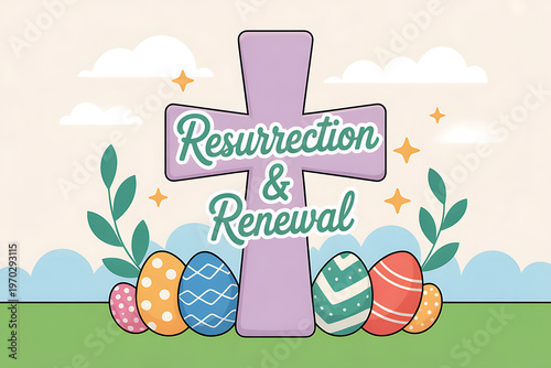 Easter celebration with colorful eggs and cross on grass