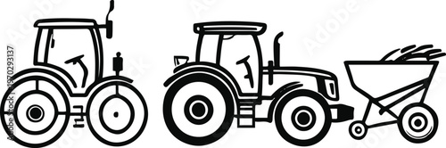  Agriculture equipment outline icons, tractor, plow, harvester, clean line style, no fill, editable stroke vector 