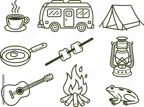 Camping Icons Collection with Tent, Camper, and Campfire