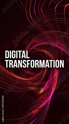 White text D I G I T A L T R A N S F O R M A T I O N on swirling red pink light trails