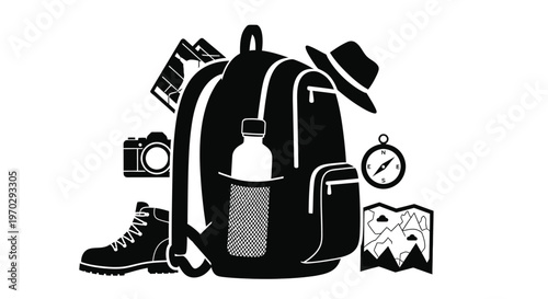 Travel gear including backpack camera and boots in black silhouette