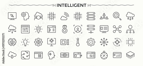 Set of Intelligent line icon. Containing bot, automation, robot, science, digital, technology and more. Minimalist linear icons. Ai simple icon set. Vector illustration.