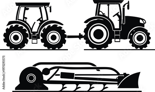 Agriculture machinery icons, tractor, plow, layered vector, easy recolor, black and white base