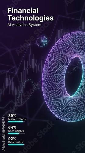 Futuristic digital torus with stock charts and data statistics abstract analytics