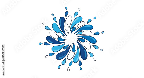 A stylized blue flower with water droplets on a white background