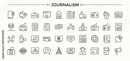Journalism icon. Modern icons collection. Related to interview, news, newspaper, broadcast, journalist. Vector illustration. Pixel perfect. Newspaper icon set in linear style.