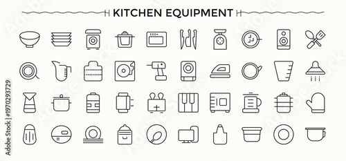 Kitchen Accessory icon set in linear style. Cooking isolated icons. Thin outline icons pack. Culinary icon set. Editable stroke. Vector collection.
