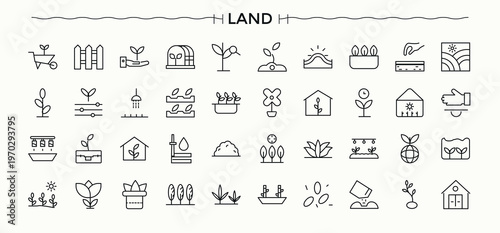 Land icon set. Pack of landscape, hill, mountain, garden, field. Building line icon set. Thin linear style icons. Vector illustration in modern line style.
