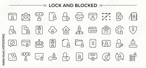 Blocked vector line icon set. Includes thin line symbols protect, safe, lock, block, security and more. Block icon set. Icons for application. Editable stroke. Vector illustration.