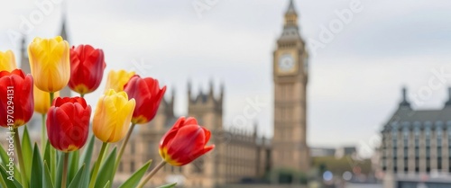 Red and yellow tulips in front of Big Ben and Parliament building. Springtime in London. Iconic historical city landmark travel destination. Floral nature background for tourism promotion.