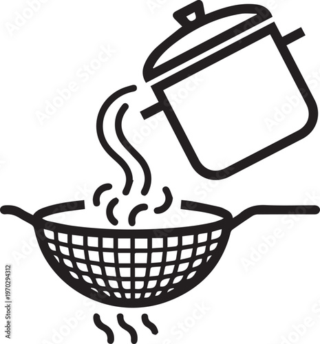Professional Black & White Vector Icon Depicting a Sieve Straining Pasta Water for Food Processing, Cooking Guides, Kitchen Infographics, Culinary Tutorials, Recipe Visuals, Food Safety
