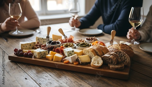 A beautifully arranged cheese board with wine glasses on a wooden table in a cozy dining setting