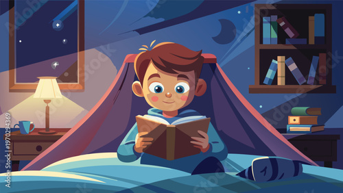 A young boy joyfully reading a book in bed at night, with a blanket fort creating a cozy atmosphere under the moonlight