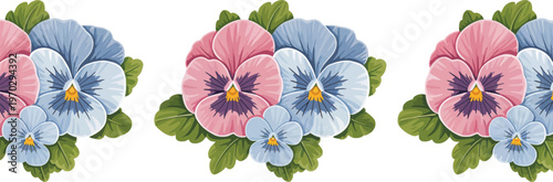 Pink and blue pansy flowers border with green leaves Keywords: floral border, pansies, flowers