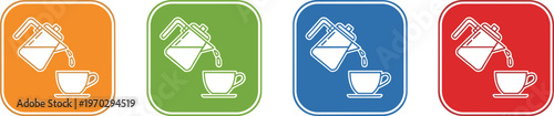 Coffee pot pouring beverage into cup icon set in orange green blue red colorful square button vector.