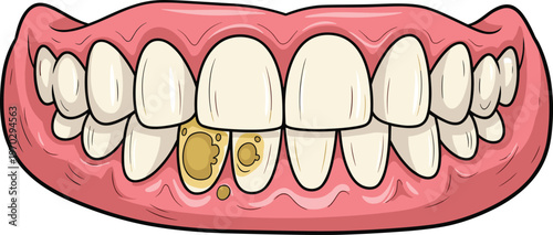 Human dental teeth anatomy showing cavities decay and stains on front tooth for hygiene education view.