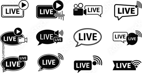 Live stream broadcast icons collection featuring video camera speech bubble and wireless signal symbol.