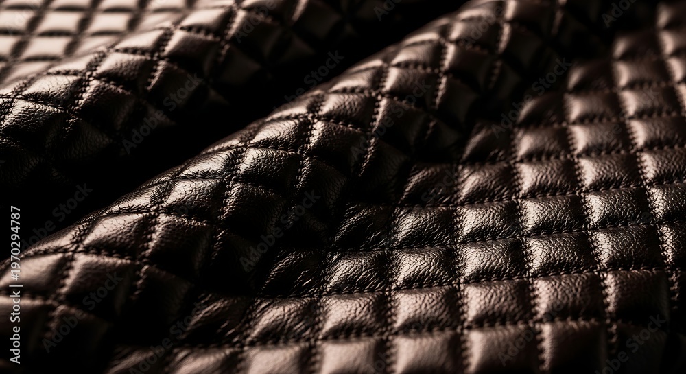 Fototapeta premium Close-up of luxurious quilted leather texture with a glossy finish, showcasing intricate diamond pattern stitching, ideal for fashion and design projects.
