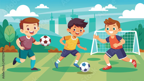 Three energetic young boys playing soccer on a green field with a soccer goal and a shield icon in the background