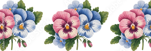 Watercolor pansy floral border with buds and leaves Keywords: floral border, pansies, watercolor