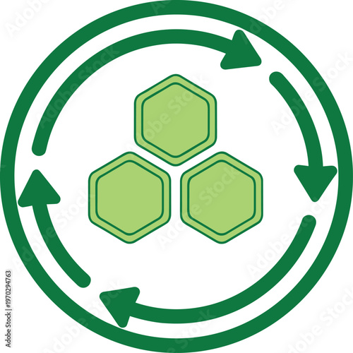 Recycle symbol with green arrows and honeycomb hexagon shapes representing eco friendly sustainability.