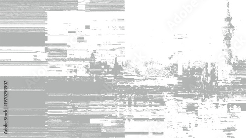 Glitchy distorted digital screen with gray and white pixels and horizontal lines broken technology background