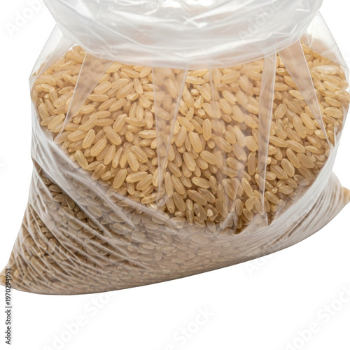 Package of brown rice grains isolated on transparent background