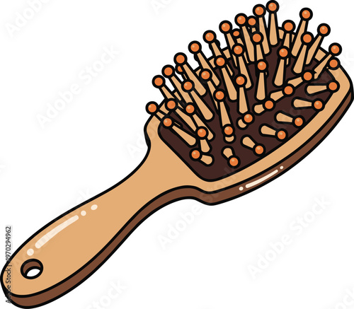 Paddle hair brush with wooden handle and orange bristles used for detangling and styling.