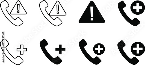 Set of telephone handset icons with warning and medical symbols for emergency call and healthcare.