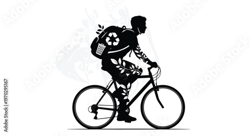 Cyclist with backpack rides a bicycle adorned with floral details silhouette