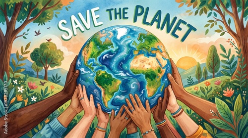 Global Unity Diverse Hands Tenderly Cradle Our Planet Amidst Lush Nature, Championing Environmental Protection and a Sustainable Future