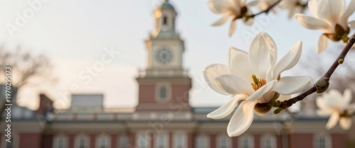 White magnolia blossom in front of blurred historical Independence Hall. Scenic view of Philadelphia landmark during spring season. Traditional architecture and botanical nature concept.