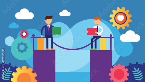 Two businessmen bridging a gap by connecting puzzle pieces over a chasm, symbolizing teamwork, solutions, and overcoming challenges in a colorful, abstract design