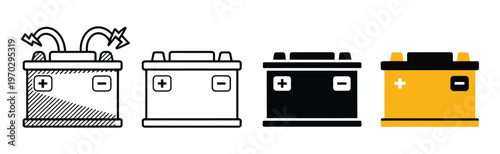 Car battery icons in sketch, outline, silhouette, and flat styles, isolated on white, vector illustration for automotive maintenance, electrical energy infographic, and professional vehicle repair con