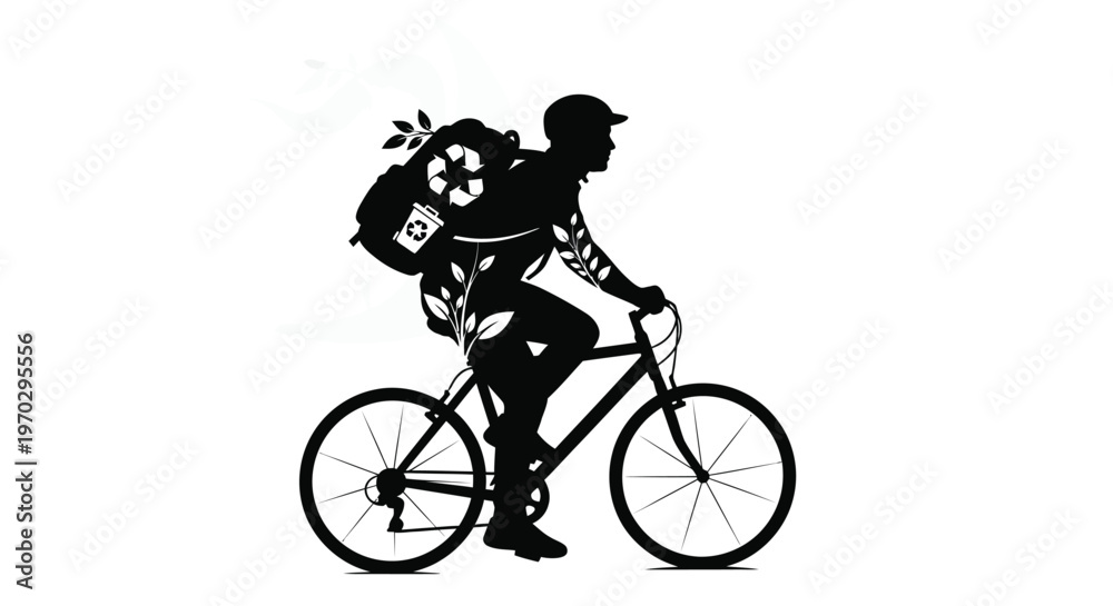 Obraz premium Cyclist with backpack and recycling items a striking black silhouette