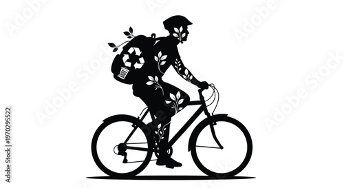 Cyclist with floral details and backpack rides a bicycle silhouette