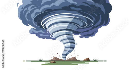 A dramatic illustration of a tornado touching down on a green field with rocks and debris flying through the air.