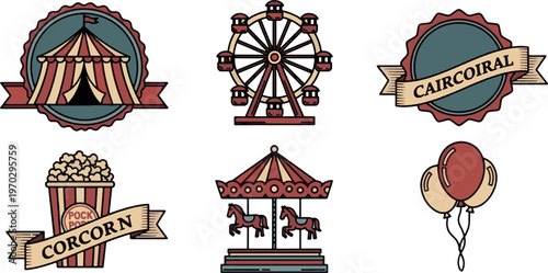Vintage carnival and amusement park vector icon set with circus tent, ferris wheel, carousel, popcorn, and balloons on retro badge style.