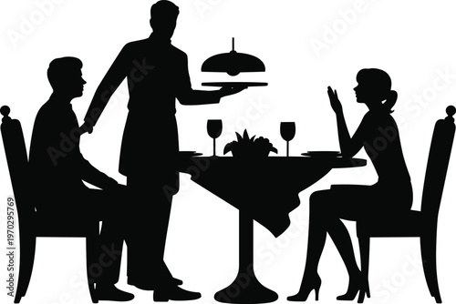 Black silhouette of a couple having a romantic dinner at a restaurant with a waiter serving food on a tray isolated on white background.