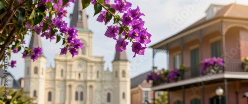 St. Louis Cathedral facade with purple bougainvillea flowers in French Quarter. Iconic architecture of New Orleans in spring season. Historic religious building and landmark cityscape.