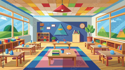 A vibrant, colorful kindergarten classroom filled with small tables, chairs, a bookshelf, and a decorative mural of mountains and trees, fostering a playful learning environment