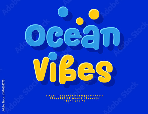 Vector Travel logo Vibes. Sunny Yellow Font. Decorative Alphabet Letters and Numbers set.