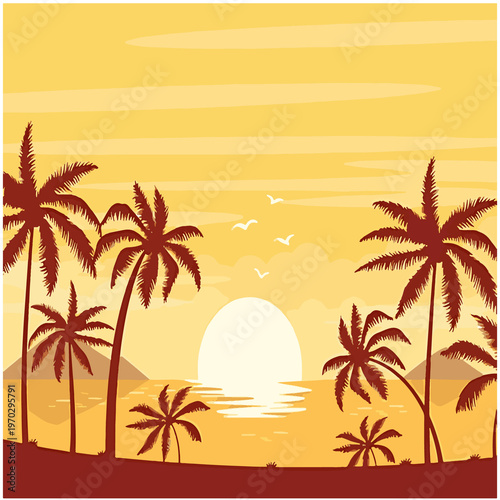 Tropical sunset, palm trees, beach scene, orange yellow landscape