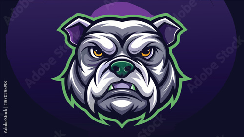 Fierce bulldog mascot with an intimidating expression, sharp teeth, and piercing eyes, outlined in green and purple against a dark background, symbolizing power and aggression