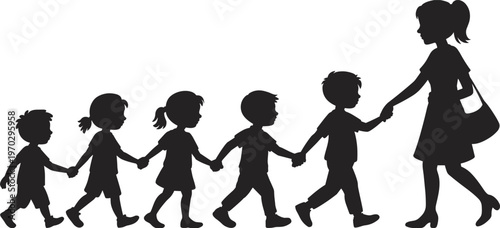Black silhouette of a female teacher leading a group of five diverse children holding hands in a line for preschool education and childcare concept illustration.