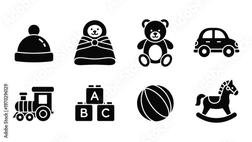 A collection of black silhouette icons depicts various baby and childhood items including toys clothes and vehicles high quality professional detailed