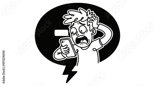 Minimalist Speech Bubble with Texting Fail Cartoon Line Art, Monochrome Vector Illustration of Digital Humor