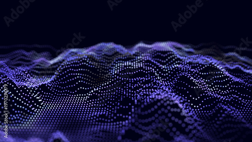 Abstract purple particle wave landscape on dark background. Glowing dots form futuristic digital terrain. Technology data visualization.