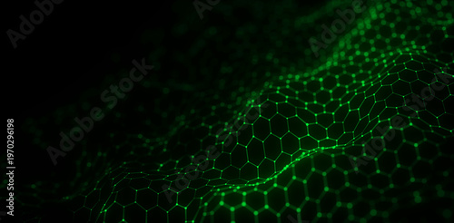 Abstract green hexagonal mesh wave on black background. Glowing honeycomb grid forms futuristic digital network. Technology connection concept.