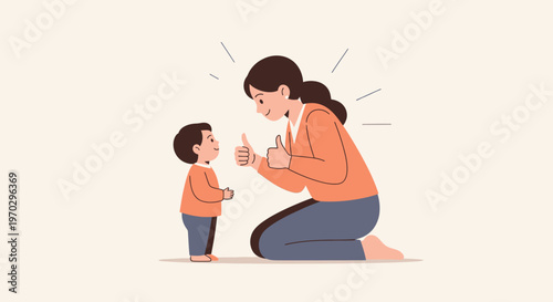 A woman and a young boy having an animated conversation with expressive gestures against a plain background.
